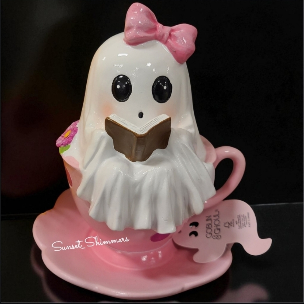 Halloween Ghost Girl In Teacup Reading Book Pink Coquette Bow Polka Dot Flowers - Picture 6 of 6
